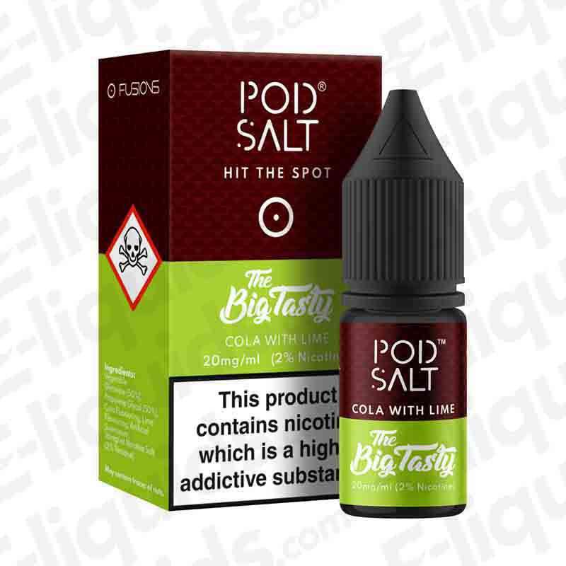 Pod Salt Cola with Lime Nic Salt E-liquid 10ml bottle and packaging, featuring vibrant cola and lime design.