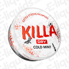 Killa Dry Cold Mint nicotine pouch can with strong mint flavor and extra nicotine strength.