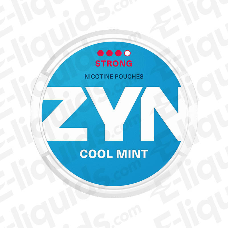 ZYN Cool Mint Strong Nicotine Pouches can with blue label, 21 pouches, tobacco-free, minty flavor, 9.5mg nicotine.