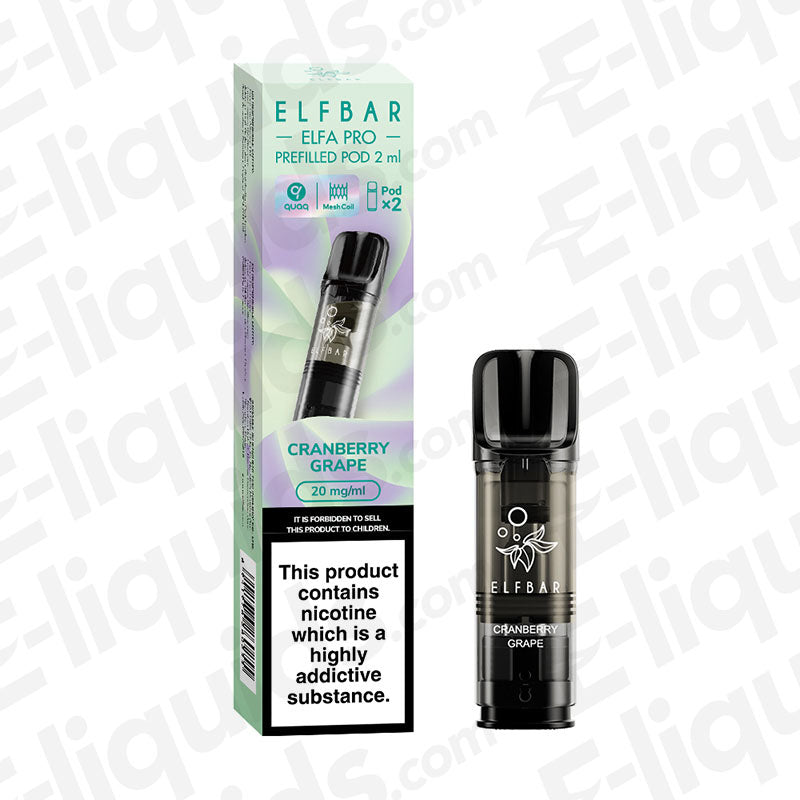Elf Bar ELFA PRO Cranberry Grape vape pod packaging displaying flavor and nicotine content.