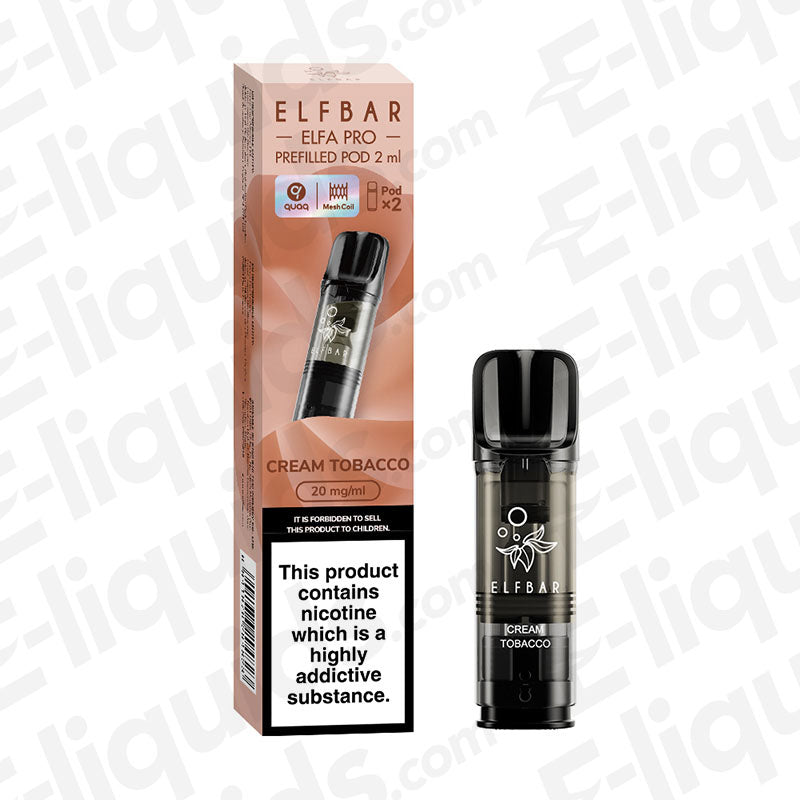 Elf Bar Elfa Pro Pre-Filled Vape Pods Cream Tobacco flavor with packaging, showcasing a luxurious vaping experience.