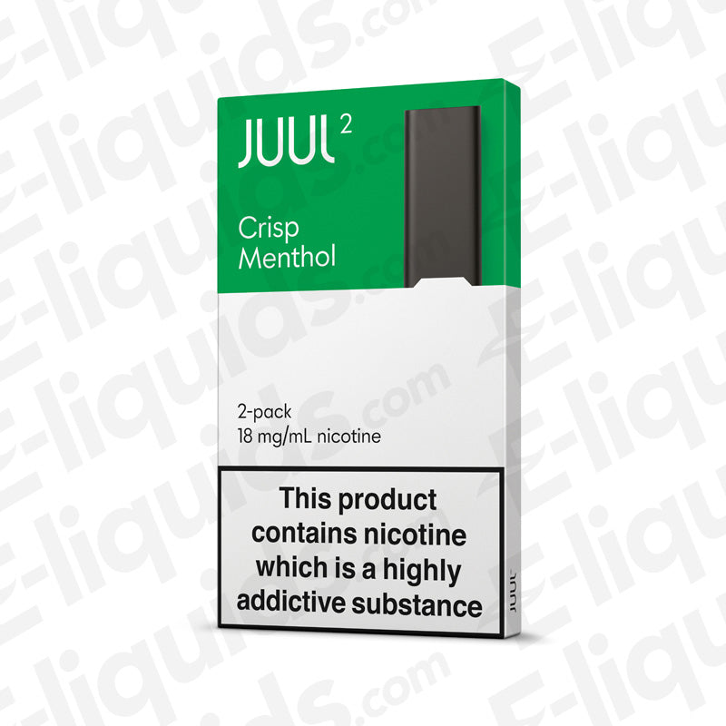 JUUL V2 Crisp Menthol Pod 2 Pack with 18mg nicotine, compatible with JUUL2 Device, showing packaging and health warning.