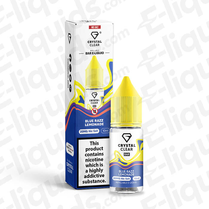 Blue Razz Lemonade Nic Salt by Crystal Clear Bar Salts, 20mg nicotine, 10ml e-liquid bottle with vibrant packaging.