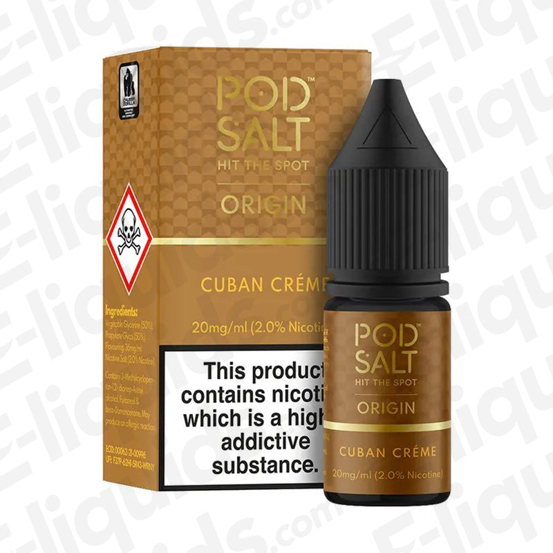Pod Salt Cuban Creme Nic Salt E-liquid 20mg 10ml bottle with packaging, featuring rich cigar and vanilla flavors.
