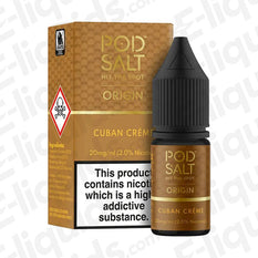 Pod Salt Cuban Creme Nic Salt E-liquid 20mg 10ml bottle with packaging, featuring rich cigar and vanilla flavors.