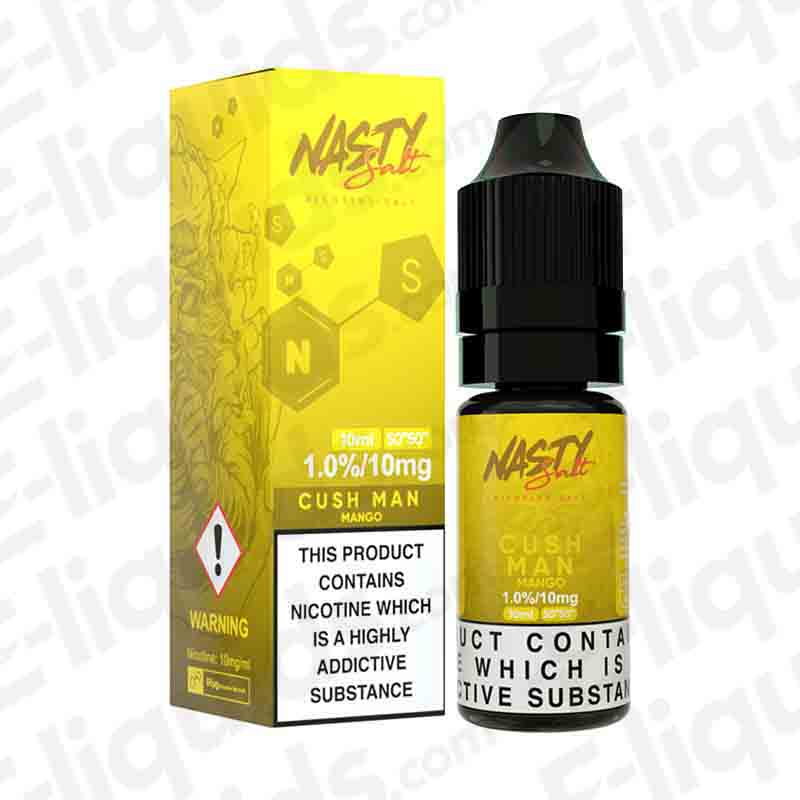 Cush Man Nic Salt E-liquid by Nasty Juice, 10ml bottle, ripe mango flavor with mint, perfect for pod kits.