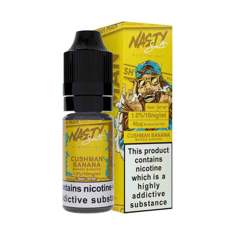 Cushman Banana Nic Salt E-liquid by Nasty Juice Salts in a 10ml bottle, showcasing mango and banana flavors with low mint.