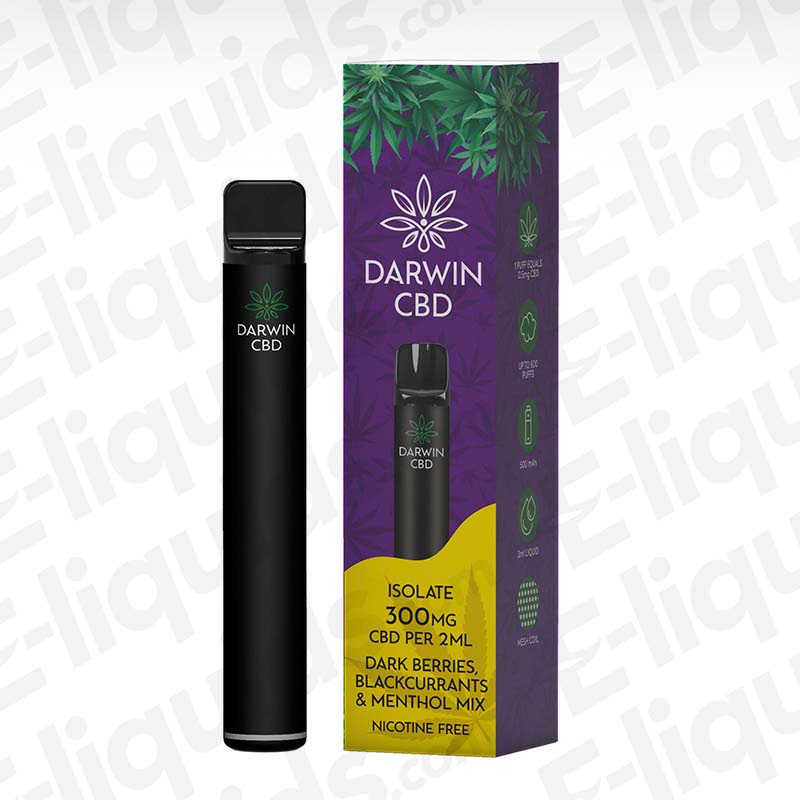 Darwin CBD 300mg Dark Berries Blackcurrants & Menthol Mix Prefilled Pod Kit with cool Dark Berry flavour in deep purple and yellow packaging.