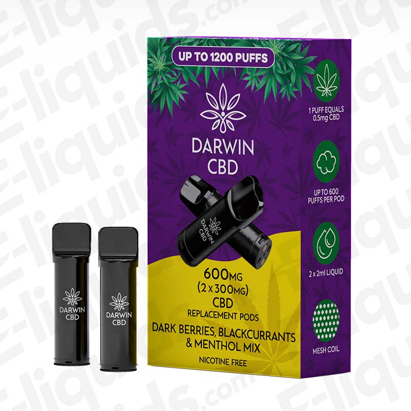 Darwin CBD 600mg Dark Berries Blackcurrants & Menthol Mix (2 x 300mg) Prefilled Pod in deep purple and yellow packaging.