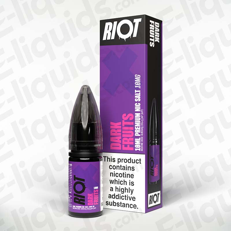 Dark Fruits Nic Salt E-Liquid by Riot X in a 10ml bottle, showcasing rich dark berry flavors.