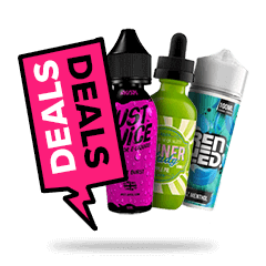 Trio of colorful vape juice bottles with bold 'Deals' sign promoting discounts on e-liquid products.