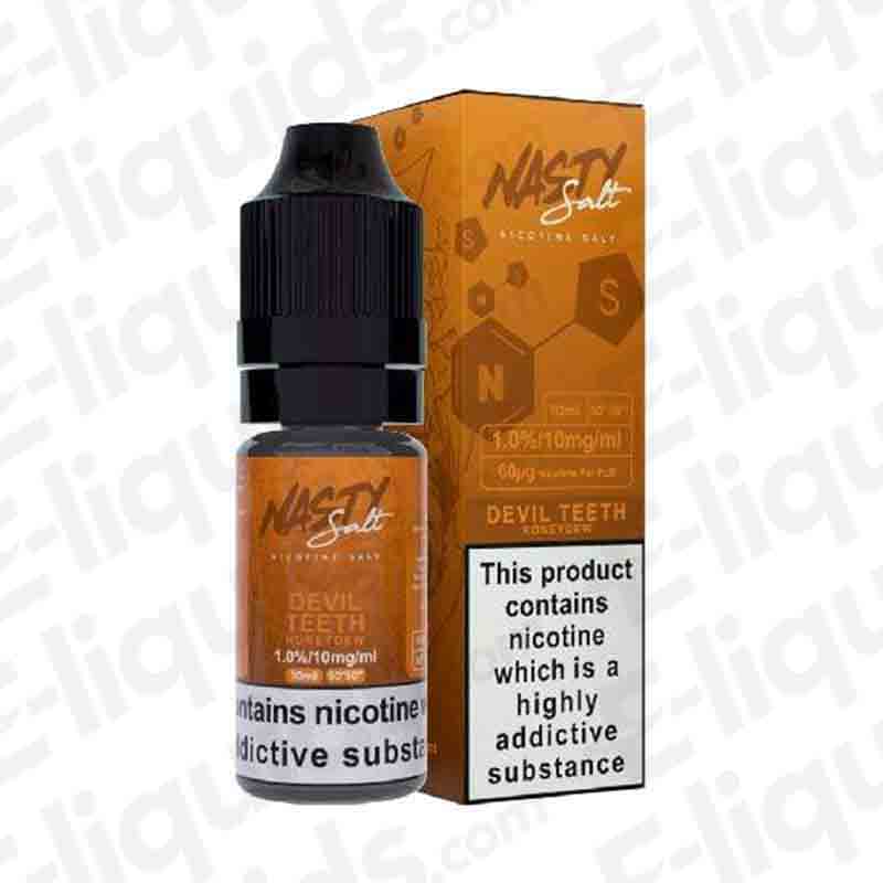 Devil Teeth Nic Salt E-liquid by Nasty Salts in a 10ml bottle with nicotine warning and melon flavor details.