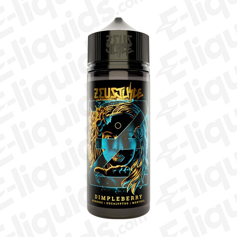 Zeus Juice Dimpleberry 70/30 100ml Shortfill Vape Juice 0mg in a black bottle with bold blue and gold Zeus-themed label.