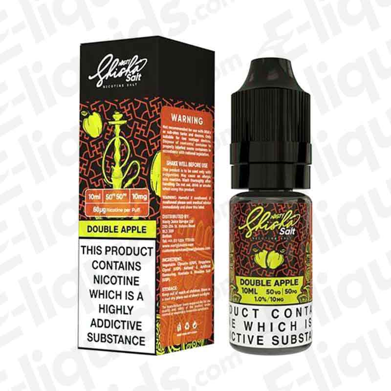 Double Apple Nic Salt E-liquid by Nasty Juice in 10ml bottle, featuring red and green apple flavors.