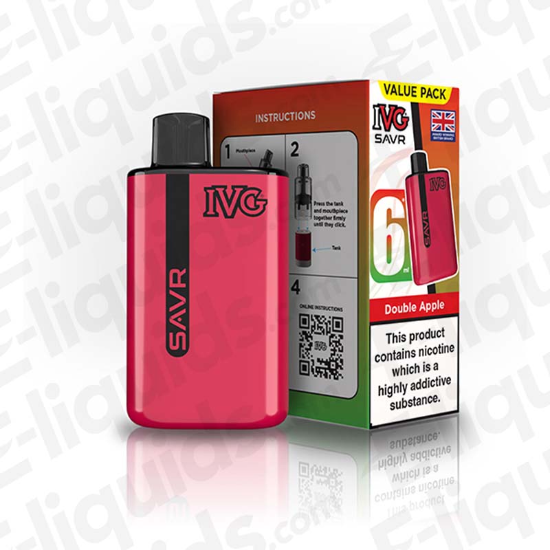 IVG SAVR Legal Big Puff Prefilled Pod Kit in pink, with Double Apple flavor packaging and instructions.