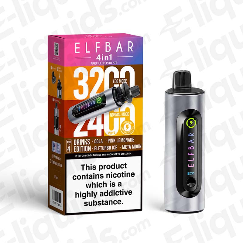 Elf Bar 4-in-1 Refillable Pod Kit with colorful packaging, featuring 3200 puffs and various flavor options.