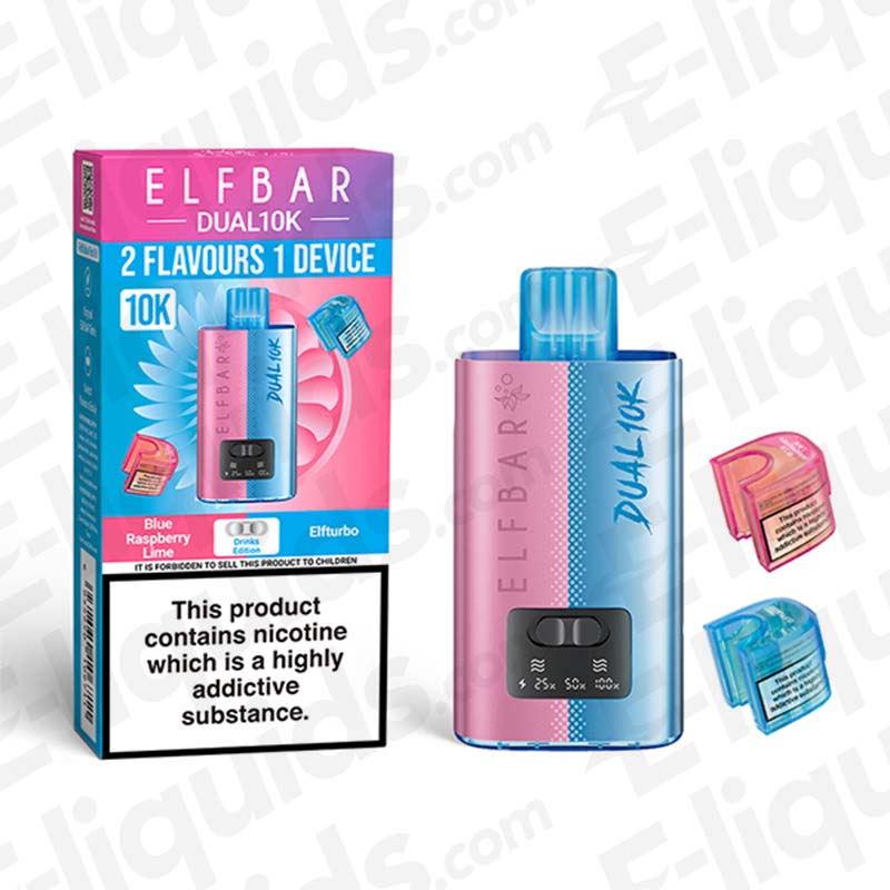 Elfbar Dual 10K Drinks Edition Prefilled Pod Kit with packaging, showing dual flavors and nicotine warning.
