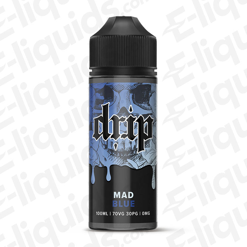 Mad Blue Shortfill E-liquid by Drip in a 100ml bottle, featuring vibrant blueberry flavor, 70VG/30PG blend.