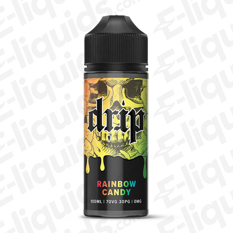 Rainbow Candy Shortfill E-liquid by Drip in a 100ml bottle, showcasing vibrant colors and sweet fruit flavor.