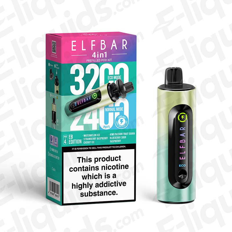 Elf Bar 4-in-1 Refillable Pod Kit with packaging and vape device, offering 3200 puffs of various flavors.