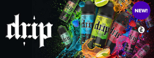 Drip brand e-liquid bottles with colorful splashes and fruits, featuring lemon and berry flavors, new product announcement.