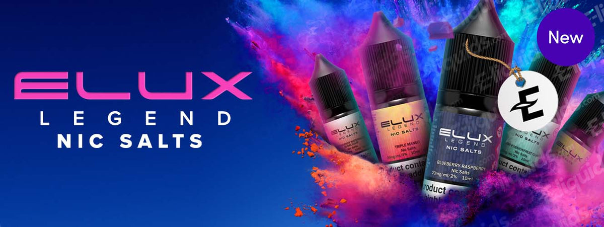 Promotional banner for Elux Legend Nic Salts with colorful splash background and product bottles.