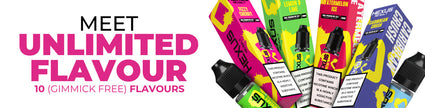 Vape products in colorful packaging advertising unlimited, gimmick-free flavors.