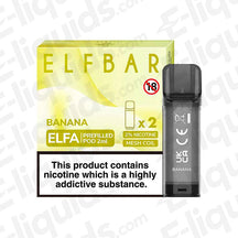 Elf Bar ELFA Pre-Filled Vape Pods Banana flavor with 2ml e-liquid capacity, 20mg nic salt, and mesh coil for 600 puffs.