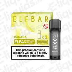 Elf Bar ELFA Pre-Filled Vape Pods Banana flavor with 2ml e-liquid capacity, 20mg nic salt, and mesh coil for 600 puffs.