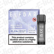 Elf Bar ELFA Blue Razz Lemonade pre-filled vape pods with warning label, 2ml capacity, mesh coil, 20mg nic salt for ELFA Pod Kit.