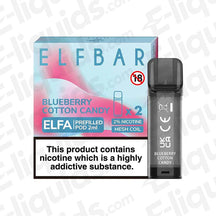Elf Bar ELFA Blueberry Cotton Candy Vape Pods 2ml, 20mg nicotine with mesh coil, packaging displayed.