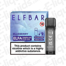 Elf Bar ELFA Pre-Filled Vape Pods Blueberry flavor with 2ml e-liquid capacity, 20mg nic salt, and mesh coil packaging image.