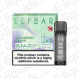 Elf Bar ELFA Cranberry Grape Vape Pods with box displaying 2ml capacity, 20mg nic salt, mesh coil, and health warning.