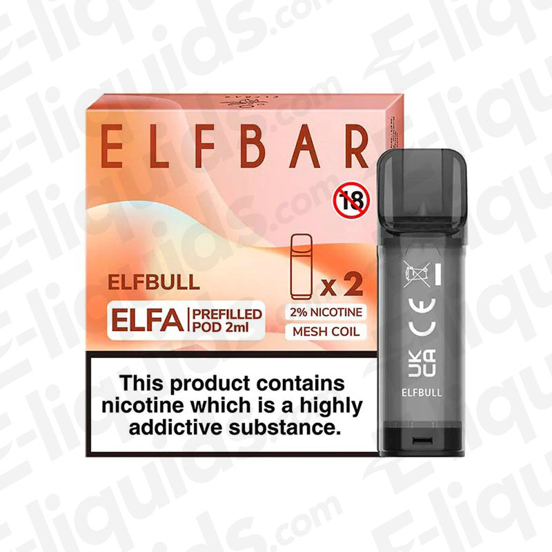 Elf Bar ELFA Pre-Filled Vape Pods Elfbull flavor with 2ml e-liquid capacity, 20mg nic salt, and mesh coil for 600 puffs.