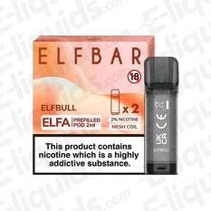 Elf Bar ELFA Pre-Filled Vape Pods Elfbull flavor with 2ml e-liquid capacity, 20mg nic salt, and mesh coil for 600 puffs.