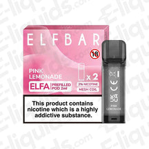 Elf Bar ELFA Pink Lemonade vape pods box and single pod with 2ml e-liquid capacity and 20mg nic salt.