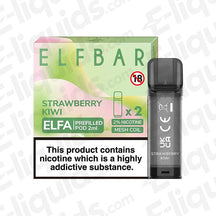 Elf Bar ELFA Pre-Filled Vape Pods Strawberry Kiwi flavor box with vaping pod displaying nicotine content warning.