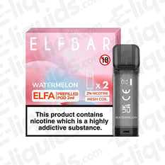 Elf Bar ELFA Pre-Filled Vape Pods Watermelon 2ml pack with nicotine warning, compatible with ELFA Pod Kit for smooth vaping.