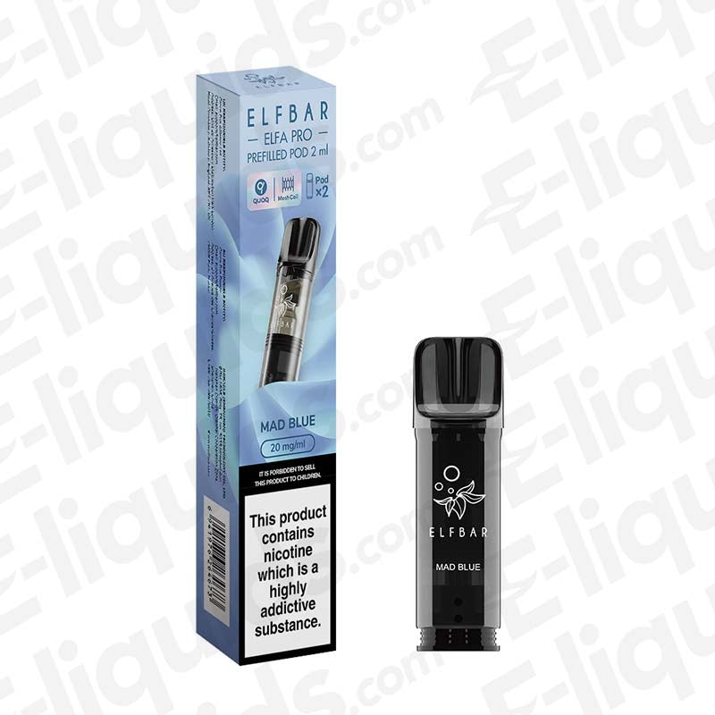 Elf Bar ELFA PRO Mad Blue Vape Pods with packaging showcasing berry and citrus flavors, designed for smooth, refreshing vaping.