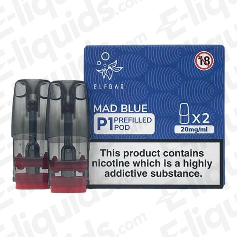 ELF BAR P1 Mate 500 Mad Blue Prefilled Pod with bold dark berry flavour and cool twist, blue packaging and two pods
