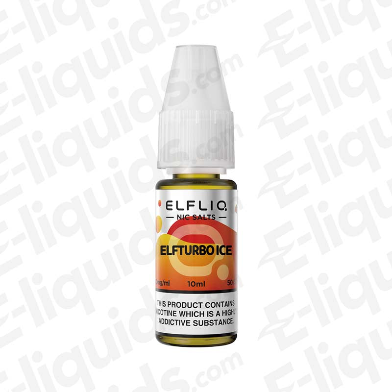 Elfturbo Ice Nic Salt E-liquid by ELFLIQ 10ml bottle with cream and tobacco flavor, available in 10mg and 20mg nicotine strength.