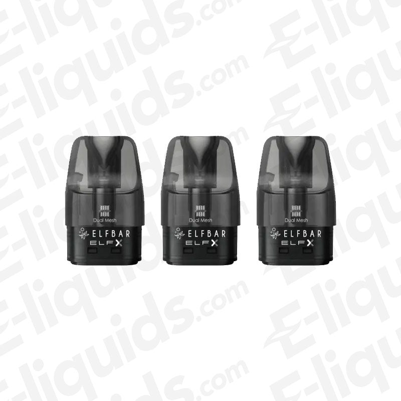 ELF BAR ELFX 2.0 0.8 Ohm Refillable Pod trio of black 2ml refillable pods with integrated mesh coil and clear mouthpiece.