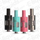 Four Innokin Prism T18 clearomizers in black, teal, pink, and stainless steel against a branded background.