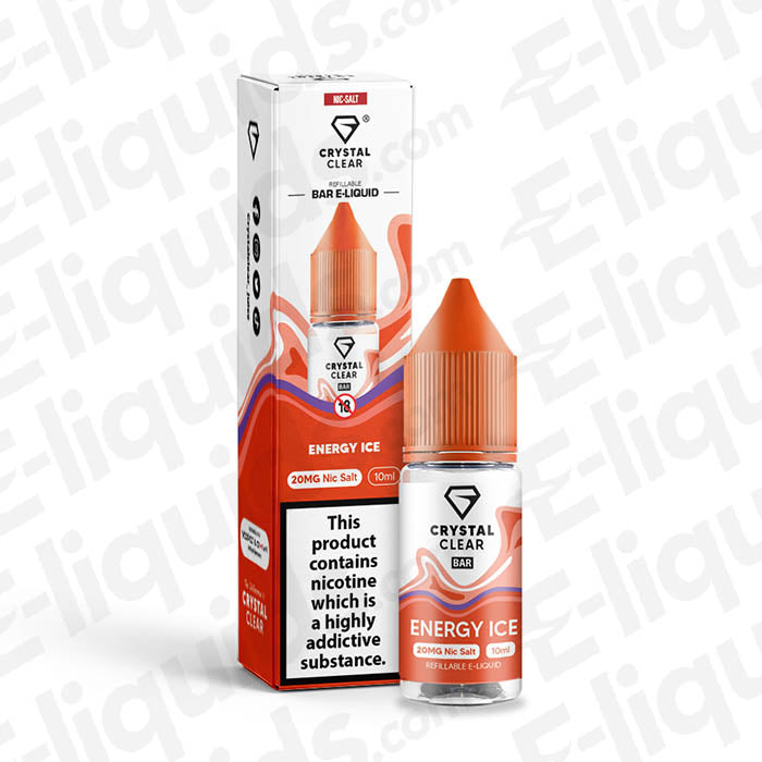 Crystal Clear Bar Energy Ice Nic Salt e-liquid, 20mg strength, featuring berry mix flavors with nicotine satisfaction.