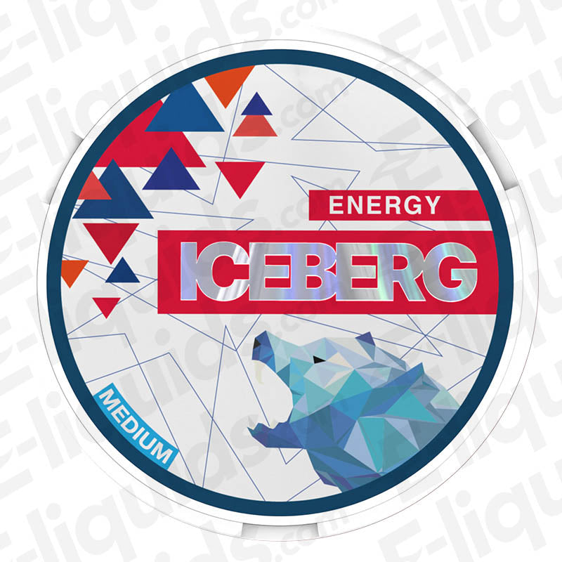 Iceberg Energy nicotine pouch can featuring colorful geometric design and bear logo, 20mg nicotine strength, tobacco-free.