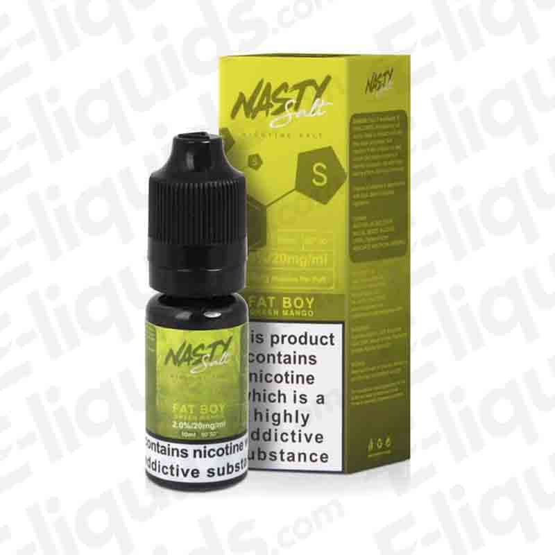 Fat Boy Nic Salt E-liquid by Nasty Juice with sweet mango flavor and low mint, 10ml bottle, nicotine strengths 10mg and 20mg.
