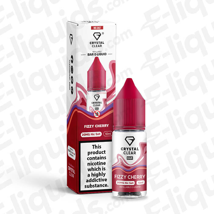 Fizzy Cherry Nic Salt E-liquid by Crystal Clear Bar, 20mg nicotine, featuring a vibrant cherry flavor with fizzy sherbet.