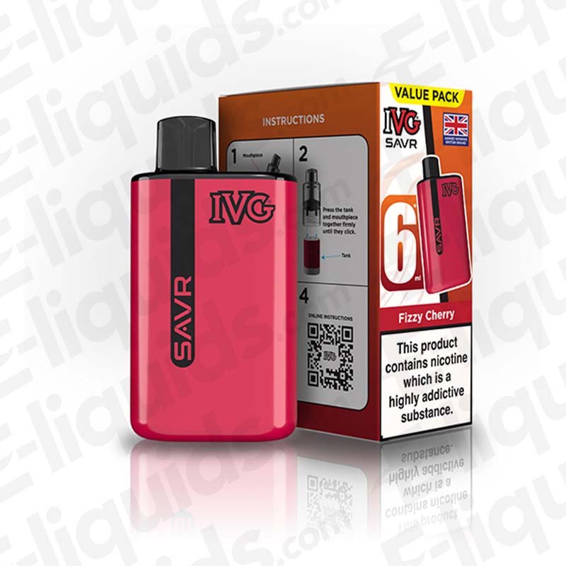 IVG SAVR Legal Big Puff Prefilled Pod Kit in Fizzy Cherry flavor, featuring sleek design and value pack instructions.