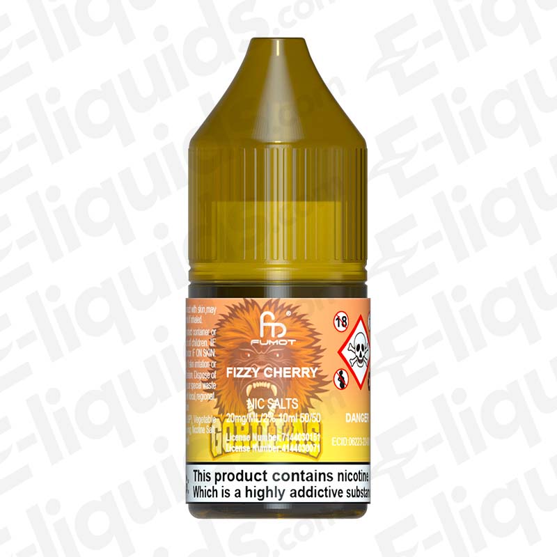 Fumot Fizzy Cherry Nic Salt E-liquid bottle, 20mg nicotine, 10ml, 50/50 PG/VG ratio for MTL vaping.