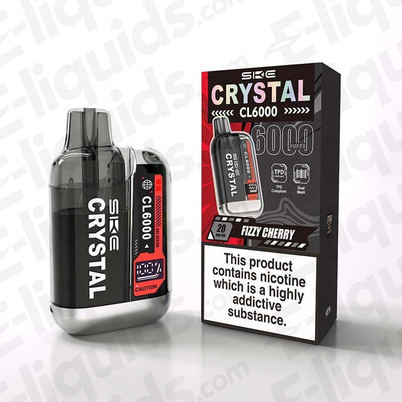 Fizzy Cherry SKE Crystal CL6000 Prefilled Vape Pod with packaging, offering 6000 puffs and 20mg nicotine salts.